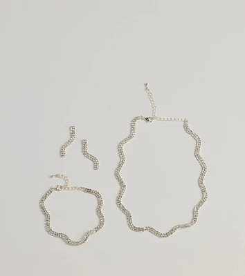 Shine On Wavy Rhinestone Necklace, Earrings, And Bracelet Set