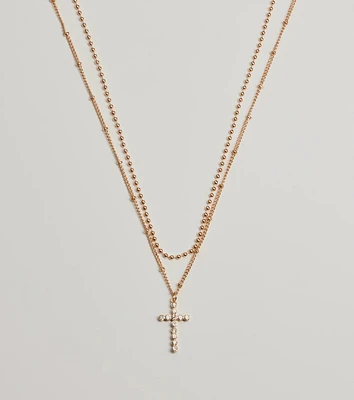 Joyful Glam Layered Rhinestone Cross Necklace