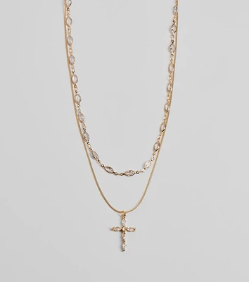 Graceful Shine Layered Cross Charm Rhinestone Necklace