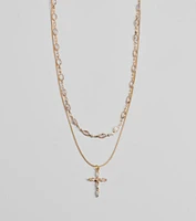 Graceful Shine Layered Cross Charm Rhinestone Necklace