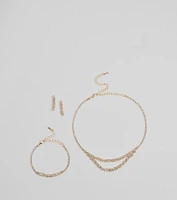 Shimmering Rhinestone Necklace, Bracelet, And Earrings Set