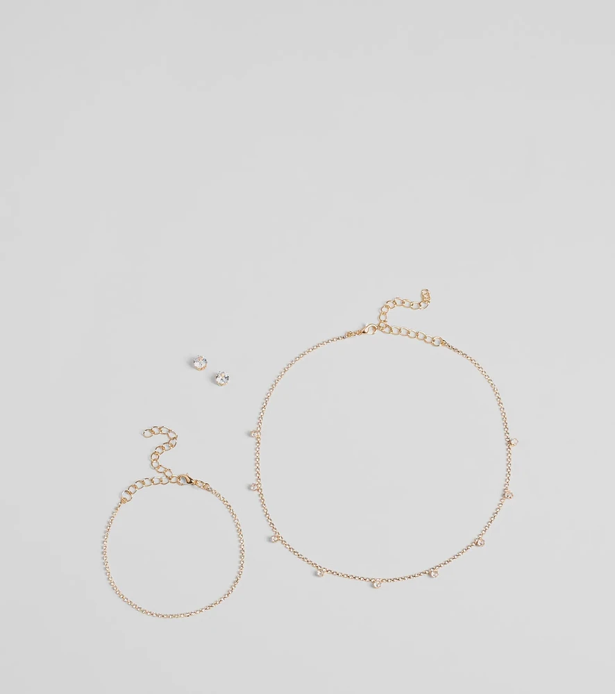 Delicate Glam Rhinestone Necklace, Bracelet, And Earrings Set