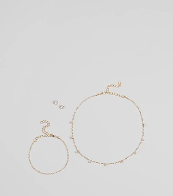 Delicate Glam Rhinestone Necklace, Bracelet, And Earrings Set
