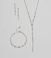 Glam Rhinestone Lariat Necklace, Bracelet, And Earrings Set