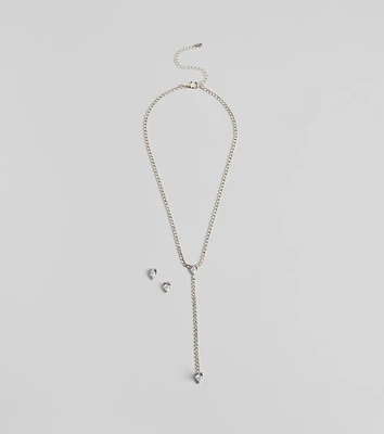 Simple Glitz Rhinestone Lariat Necklace And Stud Earrings Set
