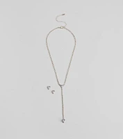 Simple Glitz Rhinestone Lariat Necklace And Stud Earrings Set