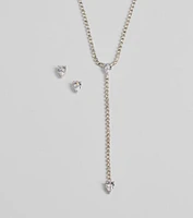 Simple Glitz Rhinestone Lariat Necklace And Stud Earrings Set