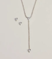 Simple Glitz Rhinestone Lariat Necklace And Stud Earrings Set