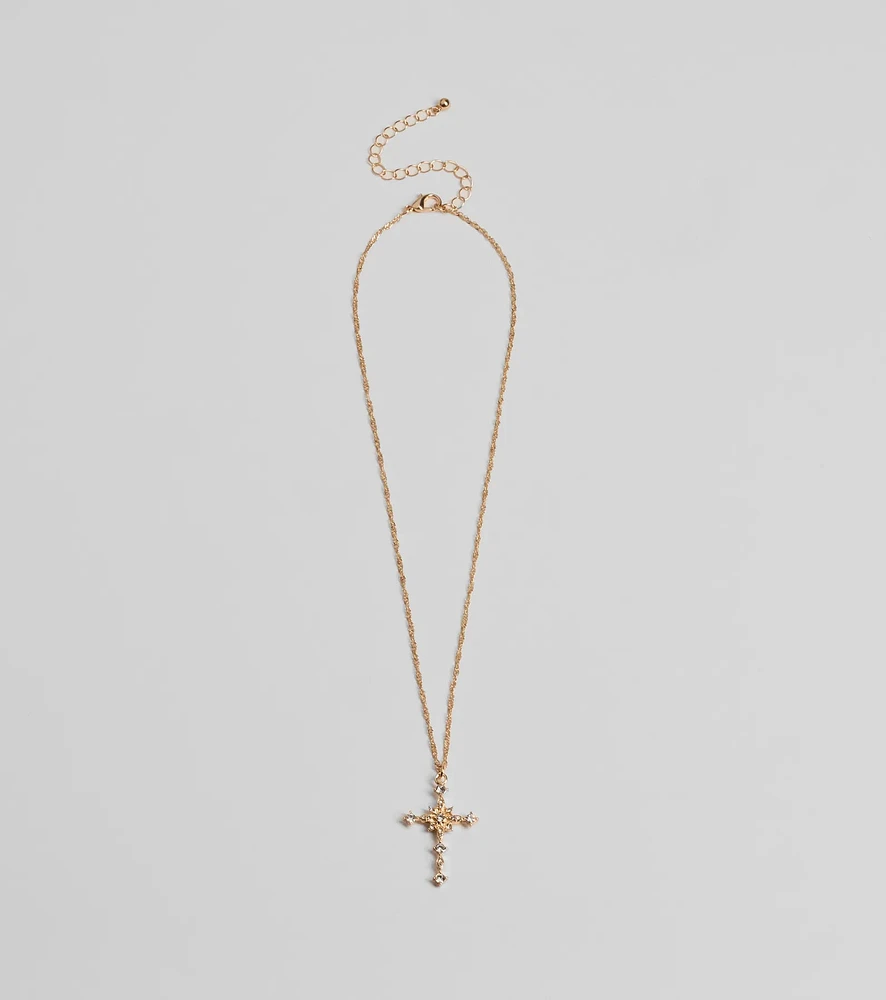 Dainty Glam Rhinestone Cross Pendant Necklace