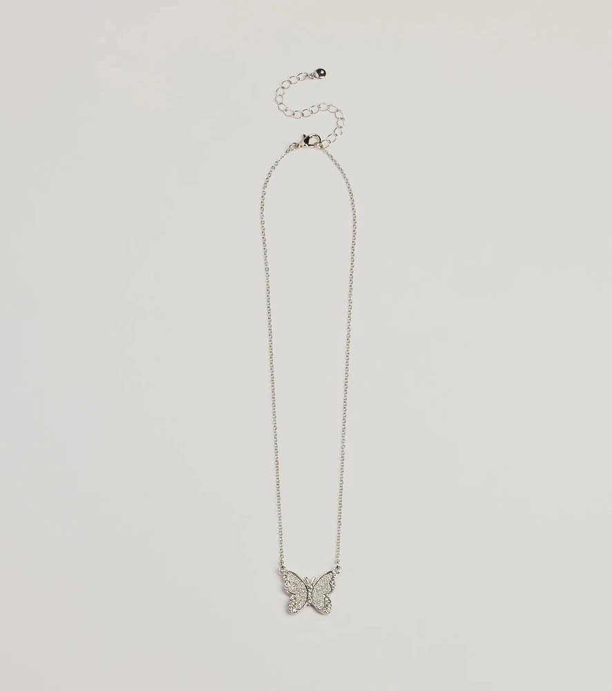 Fluttery Glam Rhinestone Butterfly Pendant Necklace