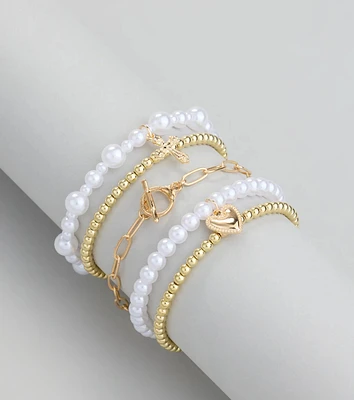 Playful Charm Heart Cross Five-Pack Bracelet Set