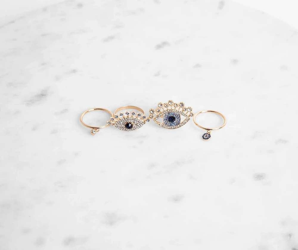 Four Pack Rhinestone Eye Design Rings