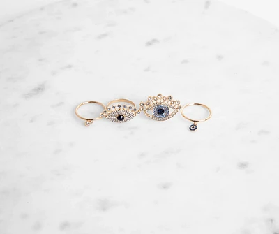 Four Pack Rhinestone Eye Design Rings