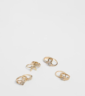 Take A Bow Rhinestone Eight Pack Ring Set