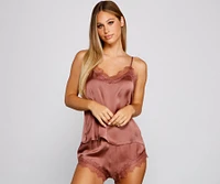 Sweet Lace Trim Satin Pajama Set