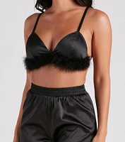 Flirtatious Satin Feather Trim Pajama Set
