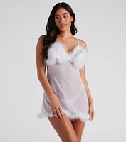 Such A Flirt Feather Trim Babydoll Dress And Panty Set