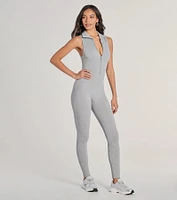 Off Duty Chic Sleeveless Collared Zip-Up Catsuit