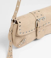 Buckle Up Faux Suede Studded Shoulder Bag