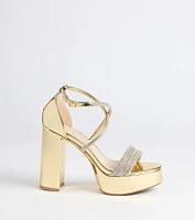 Glam Sheen Rhinestone Strappy Platform Heels