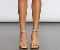 Metallic Rhinestone Leaf Block Heels