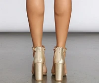 Metallic Rhinestone Leaf Block Heels