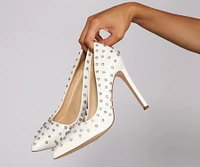 So Glam Faux Leather Rhinestone Pumps