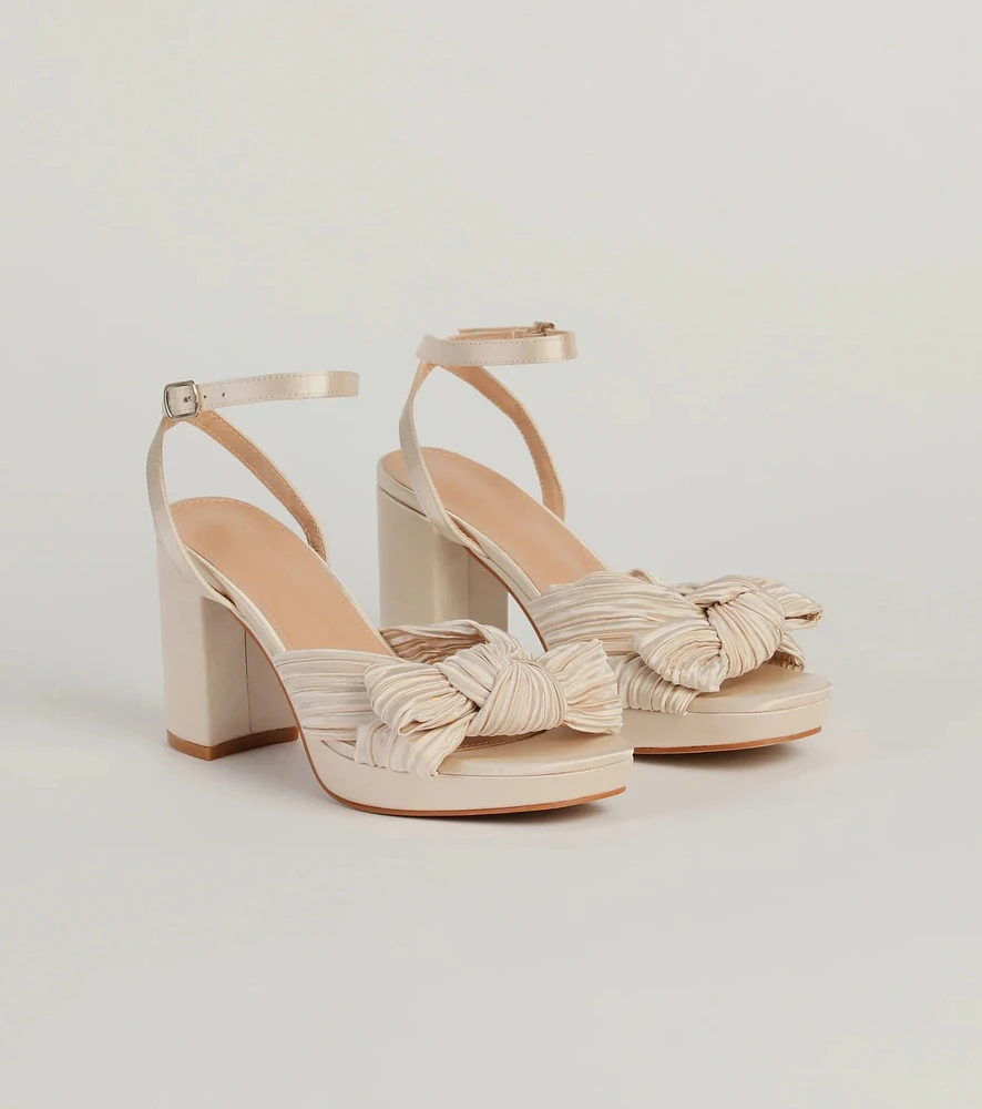 Elegance Served Satin Pleated Bow Block Heels