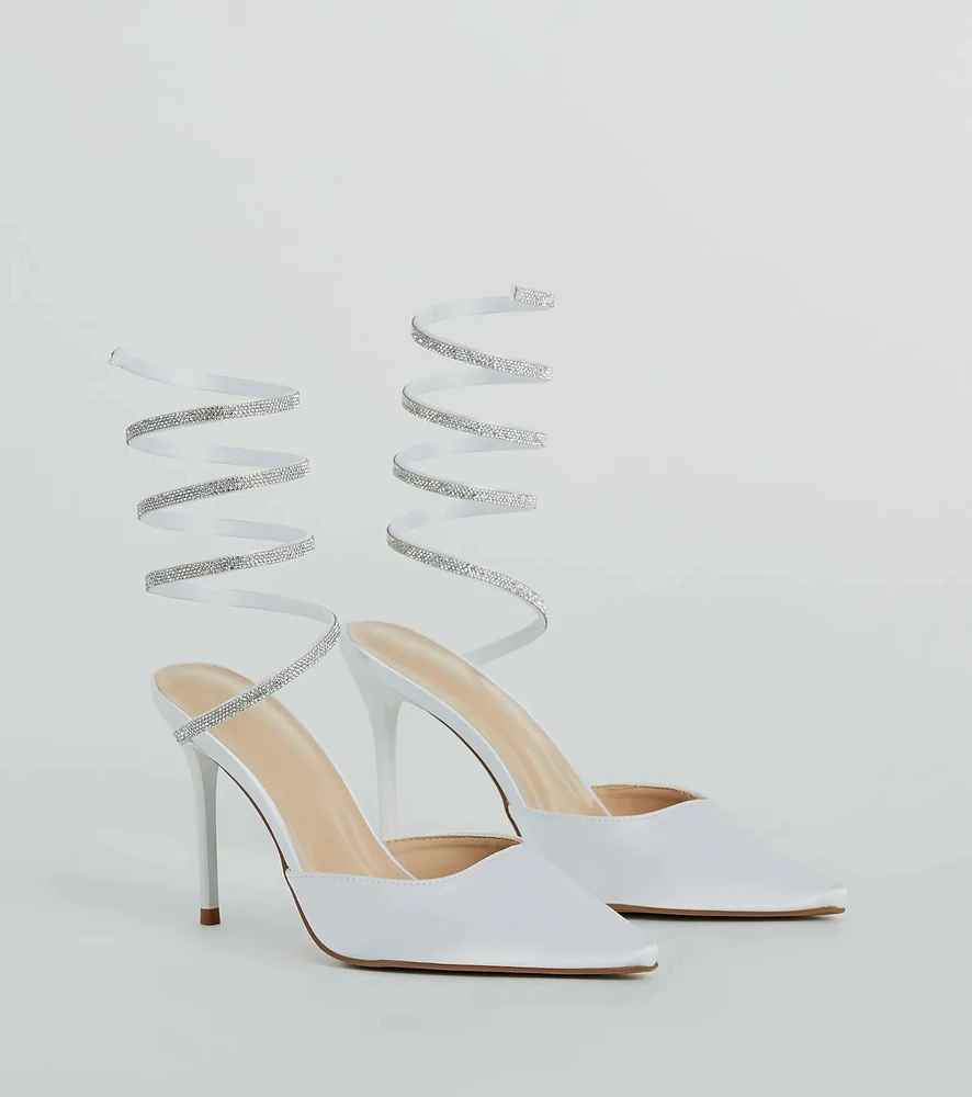 Sleek Beauty Rhinestone Spiral Satin Pumps