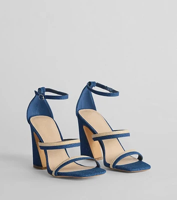 Sunshine Check Strappy Straw Denim Block Heels