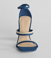 Sunshine Check Strappy Straw Denim Block Heels