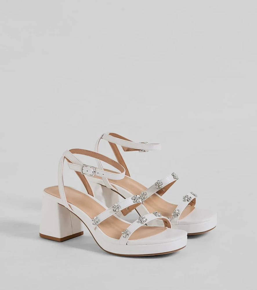Picture Perfect Rhinestone Flower Block Heels