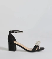 Dazzling Rhinestone Faux Pearl Bow Block Heels