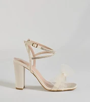 So Lovely Bow Rhinestone Satin Block Heels