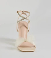 So Lovely Bow Rhinestone Satin Block Heels