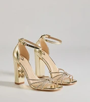 Sparkle Scene Rhinestone Strappy Faux Leather Block Heels