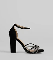 Sparkle Scene Rhinestone Strappy Faux Leather Block Heels