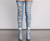Destructed Denim Over The Knee Heeled Boots