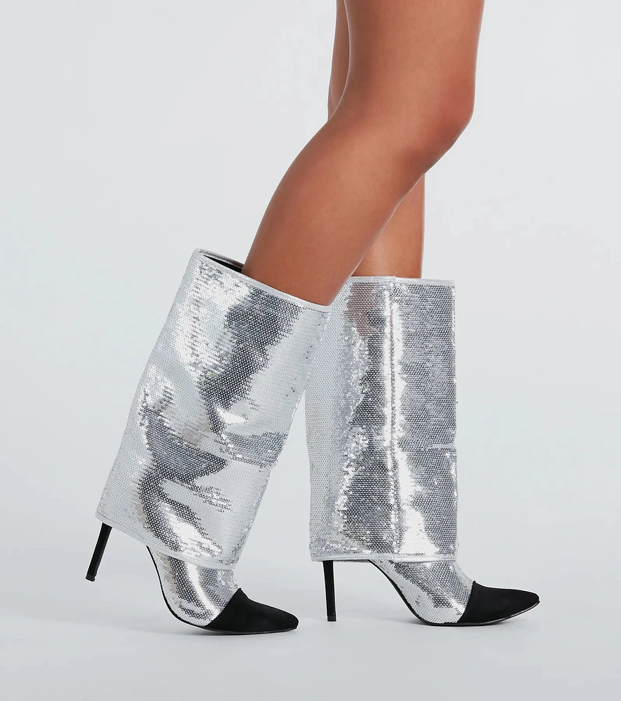 Girl's Night Sequin Fold-Over Stiletto Boots