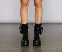 Faux Leather Lug Boots With Pocket