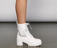 Faux Leather Combat Boots With Pouch