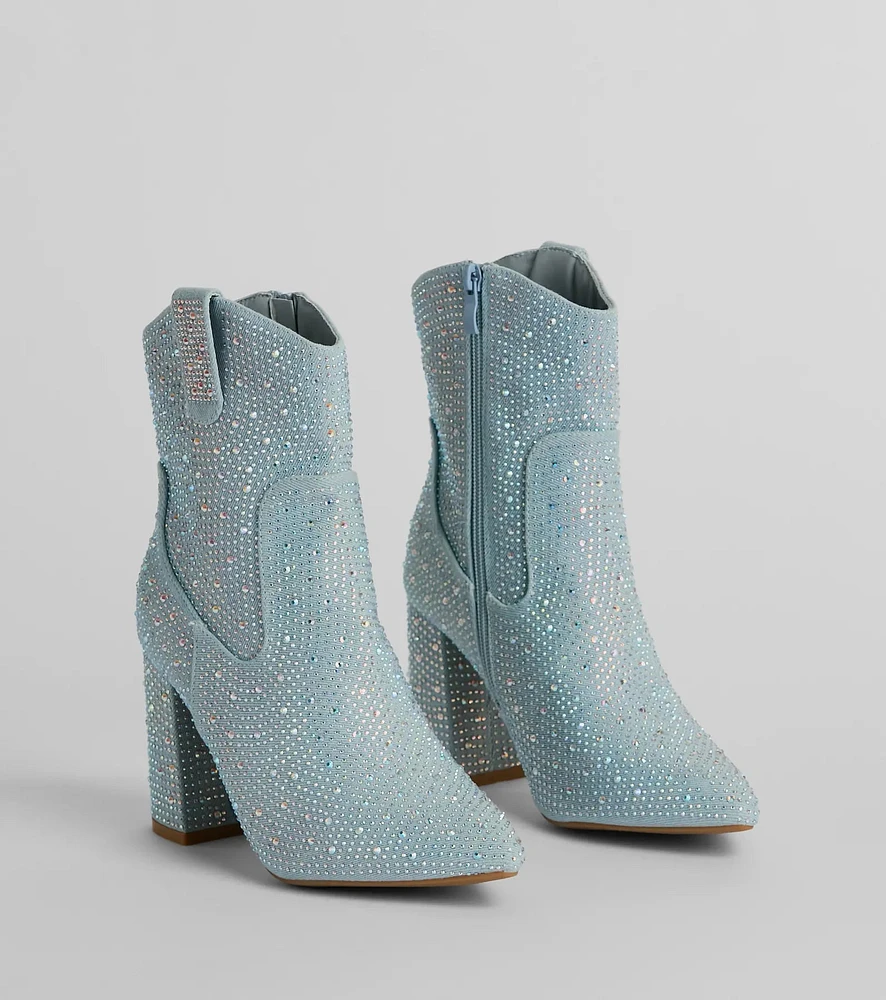 Country Star Glam Rhinestone Western Denim Booties
