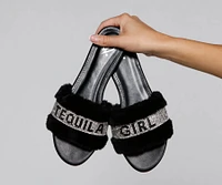 Rhinestone Tequila Girl Fluffy Slide Sandals