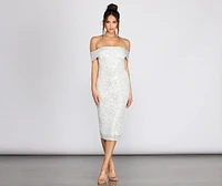Desi Sequin Off Shoulder Midi Dress