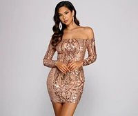 Halston Sequin Mesh Off The Shoulder Mini Dress