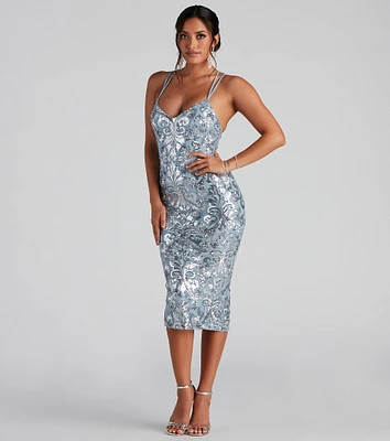 Brynne Formal Sequin Scroll Midi Dress