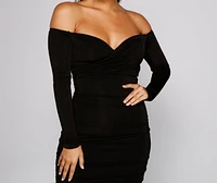 Penelope Off-The-Shoulder Ruched Midi Dress