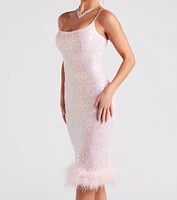 Lucinda Formal Sequin Feather Midi Dress