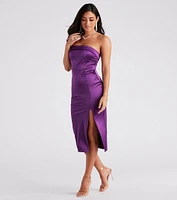 Jenny Strapless High Slit Satin Midi Dress