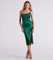 Maggy Formal Satin Slit Midi Dress